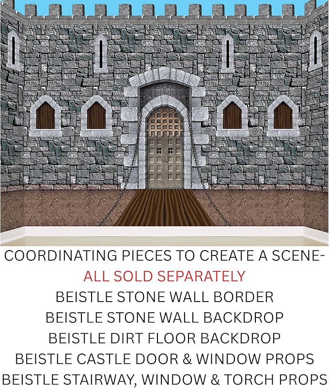 Beistle Stone & Dirt Floor Wall Backdrops, 4’ x 30’, Pack of 2 – Medieval Party Decorations, Medieval Decor Background, Easy to Adhere Wall Covering, Stone Backdrop, Halloween Party Decorations
