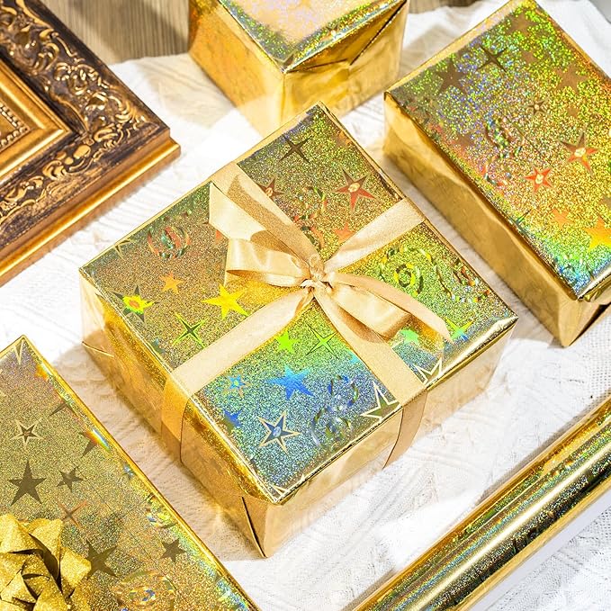Burymento Gold Wrapping Paper, Metallic Holographic Star Gift Wrap with Shining Design for Birthday, Valentines, Mothers day, Graduation, Wedding, Fathers day, Baby Shower, Christmas (17 IN x 32.8 FT)