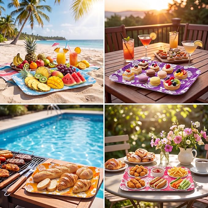 4 Pieces Tropical Serving Trays Hibiscus Floral Melamine Platters Reusable Rectangle Party Trays for Summer Hawaiian Luau Party Food Dessert Serving Supplies, 13 x 9.7 inch