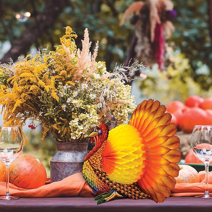Beistle Tissue and Paper Turkey Centerpiece for Thanksgiving Decorations-Autumn Fall Harvest Home Décor, 12", Brown/Red/Orange/Yellow