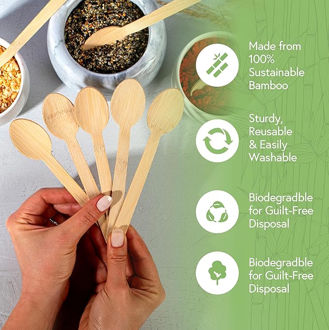 100% Bamboo Spoons Set - Compostable Utensils Set (3000 Eco Friendly Spoons) | Reusable or Disposable Utensils Set | Compostable FSC Certified Silverware for Weddings, Camping, Parties