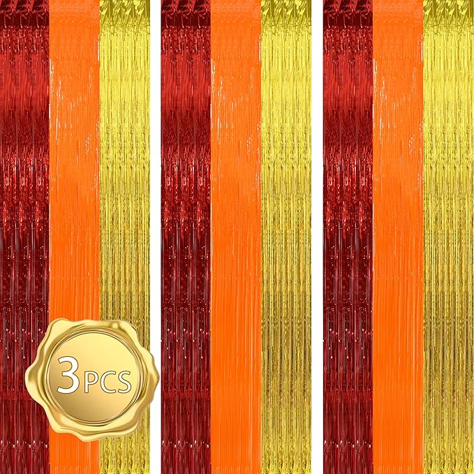 BEISHIDA 3Pcs Red Orange Gold Door Streamer Thanksgiving Day Backdrop Foil Fringe Tinsel Curtains Backdrops for Birthday Thanksgiving Fall Autumn Harvest Party New Year Decoration (3.28 ft x 6.56 ft)