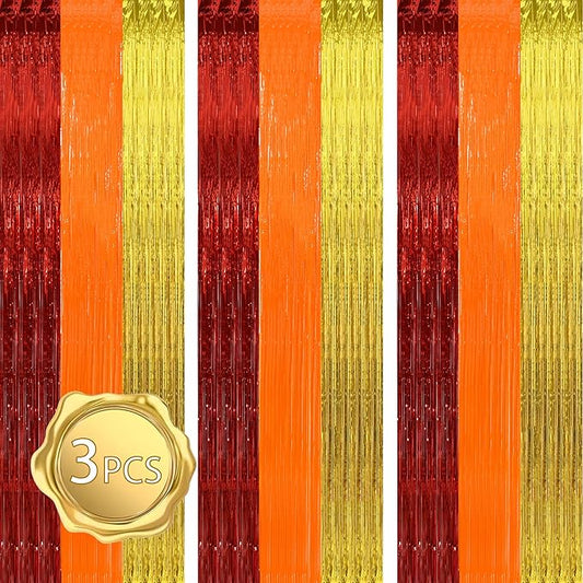 BEISHIDA 3Pcs Red Orange Gold Door Streamer Thanksgiving Day Backdrop Foil Fringe Tinsel Curtains Backdrops for Birthday Thanksgiving Fall Autumn Harvest Party New Year Decoration (3.28 ft x 6.56 ft)