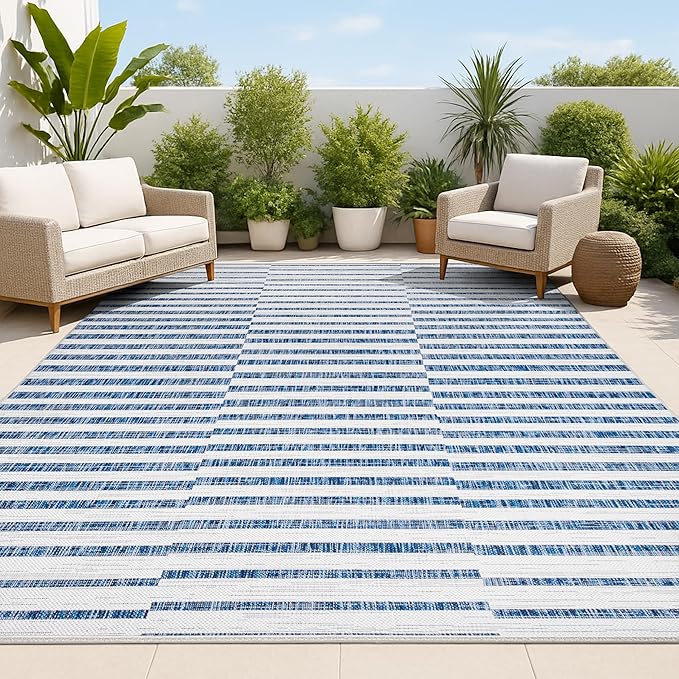 JONATHAN Y Offset Stripe Indoor Outdoor Area Rug 4X6 Ivory/Blue, Sukie Modern for Backyard, Patio, Porch, Easy-Cleaning, High Traffic, Pet-Friendly, Non-Shedding (SMB133C-4)