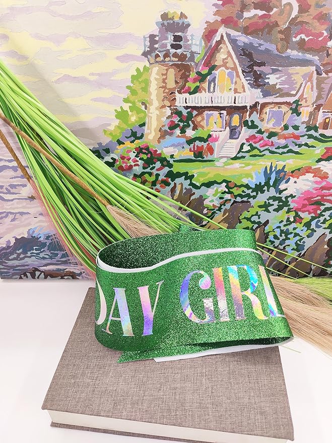 MGJSRNH Birthday Sash for Girl,Green Glitter Satin Multicolour Foil Sash,Women Birthday Party Gift,Queen Princess Party Decorations Supplies
