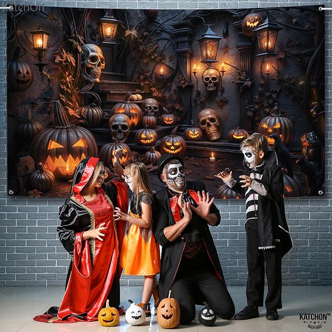 KatchOn, XtraLarge Spooky Halloween Backdrop - 72x44 Inch | Banner for Pumpkin Decorations | Photo Backdrop for Halloween Indoor, Outdoor | Pumpkin Banner for Summerween Decoration