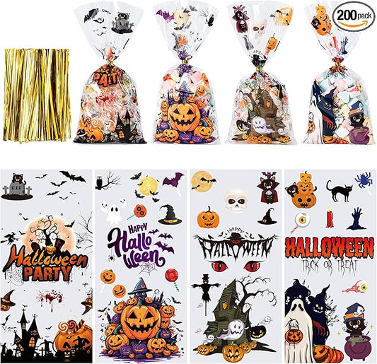 Aegero Halloween Cellophane Treat Bags, 200pcs Trick or Treat Goody Bags with 220pcs Twists for Snacks Cookies Packing, Party Supplies,Halloween 02