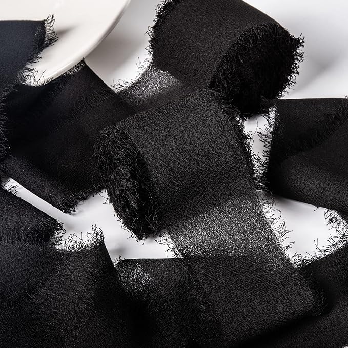 Halloween Ribbon, 6 Rolls Halloween Ribbon Gift Ribbons, 1.5" x 7Yd Black Chiffon Ribbons Set for Gift Wrapping, Wedding Invitations, Bouquet Wrap, Bridal Bouquets, DIY Crafts