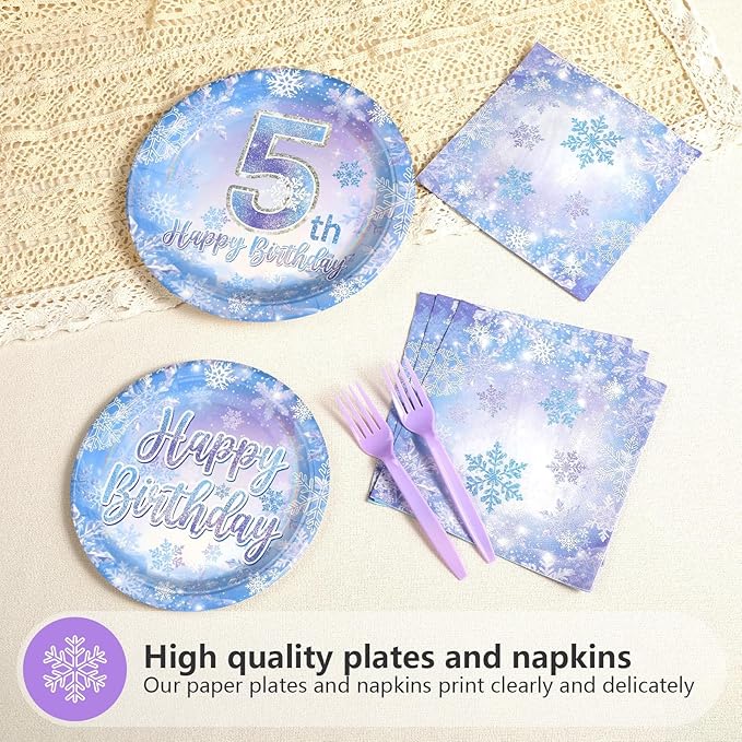 Grencian 96Pcs Frozen Party Supplies Plates Winter Onderland 5th Birthday Plates Winter Snowflake Happy 5th Birthday Tableware Disposable for Kids Girls Frozen Themed Party Christmas