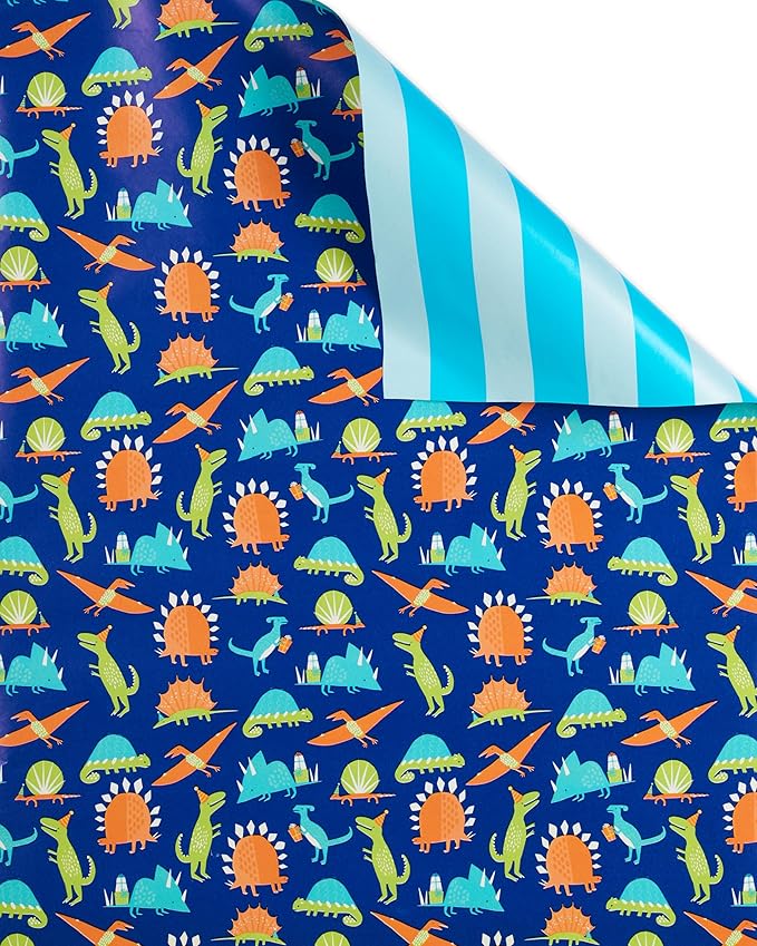 American Greetings Reversible Birthday Wrapping Paper for Kids, Dinosaurs and Unicorns (3 Rolls, 120 sq. ft)