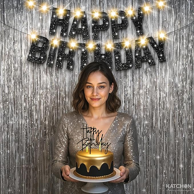 KatchOn, Black and Silver Birthday Decorations Set - Pack of 5 | Glitter Happy Birthday Banner, Silver Backdrop, Led Light, Cake Topper | Happy Birthday Decorations for Men, Women, Girls and Boys