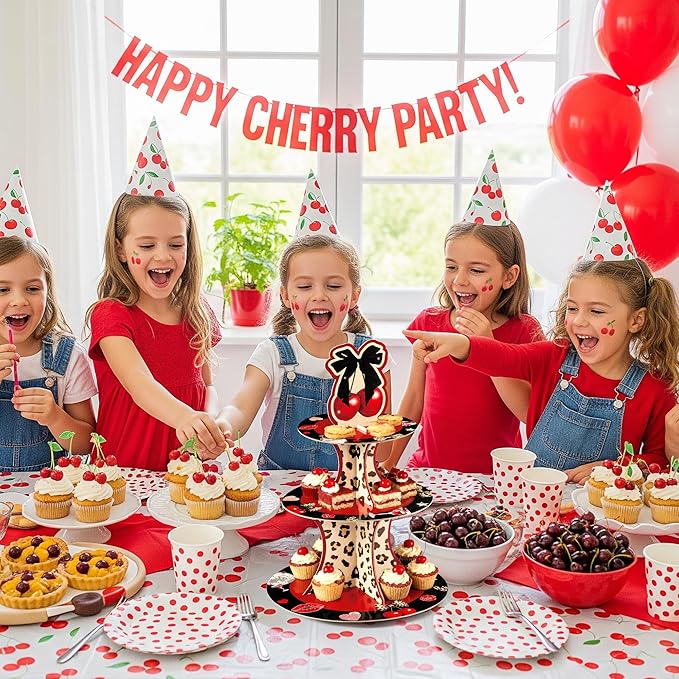 Haooryx Cheetah Cherry Cupcake Stand - 2Pack 3 Tier Red Cherry Bow Leopard Print Cupcake Tower Cardboard Dessert Holder Pastry Platter for Baby Shower Girls Birthday Wedding Holiday Party Table Decor