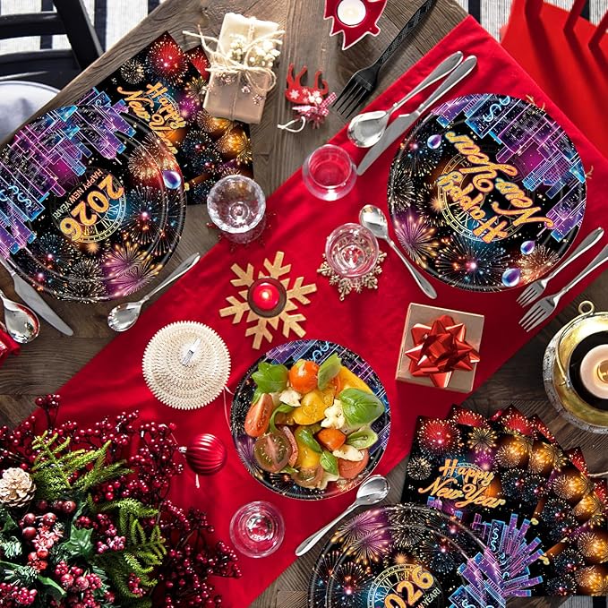 96 Pieces Happy New Year 2026 Tableware Set – Fireworks and City Night Skyline Disposable Plates, Napkins, and Forks for New Year’s Eve Parties, Countdown Celebrations – Serves 24 Guests