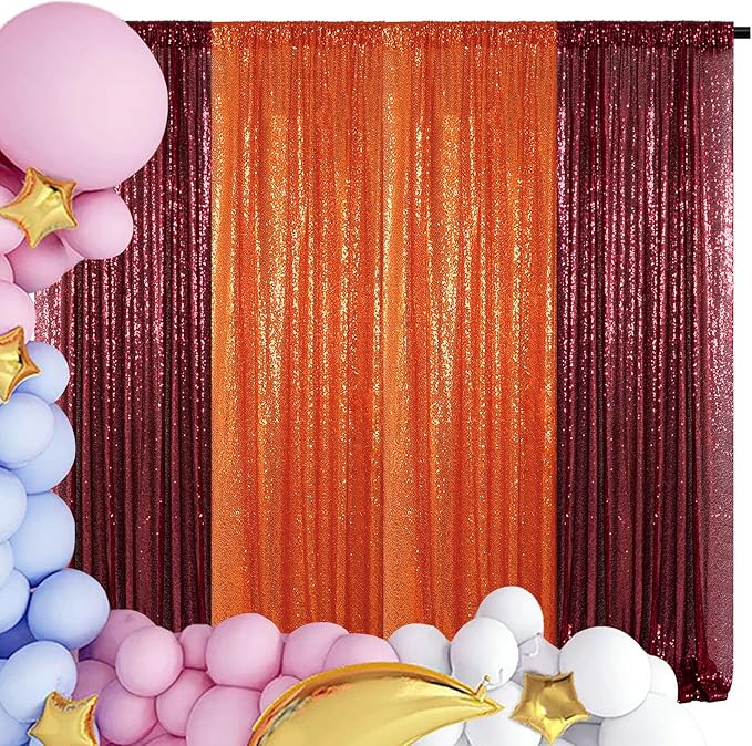 DUOBAO 4 Panels 2x8ft Orange & Burgundy Sequin Backdrop | Sparkle Photography Drape | Seamless Shiny Wall for Weddings, New Year and Events