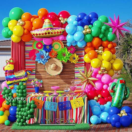 Mexican Fiesta Party Decorations, 144Pcs Cinco De Mayo Rainbow Balloons Arch Garland Kit Cactus Llama Sombrero Explosion Star Foil Balloons for Taco Twosday Carnival Hawaii Tropical Birthday Party