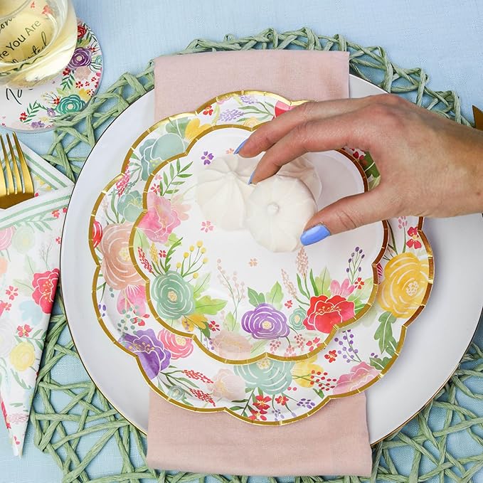 Kate Aspen Garden Blooms 7 in. Decorative Floral Premium Paper Plates (350 GSM weight -Set of 16) - Perfect for Bridal Showers and Weddings (28625NA)