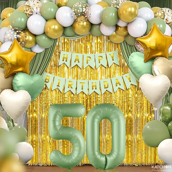 KatchOn, Sage Green 50th Birthday Decorations Set – Pack of 49 | Sage Green 50 Balloon Numbers, Star, Heart and Confetti Balloons, Gold Fringe Backdrop for 50 Birthday Decorations for Women, Men