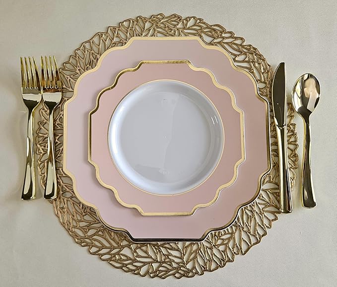 " OCCASIONS " 640 Piece set (80 Guests)-Heavyweight Wedding Party Disposable Plastic Plate Set - 80 x 10.5'' + 80 x 8'' + Silverware + Cups + Napkins (Imperial in Blush Pink & Gold)