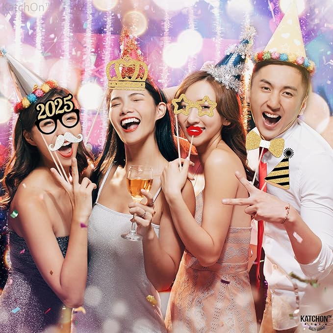 KatchOn New Years Eve Photo Booth Props 2025 - Pack of 33, Glitter NYE Party Supplies | Happy New Year Decorations
