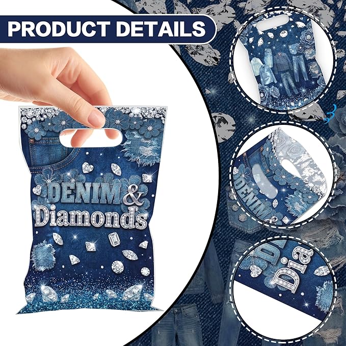 MOIZYNG 50Pcs Denim and Diamonds Gift Bags with Handles, Blue Jacket Jeans Plastic Candy Treat Goodie Bags for Bridal Shower Bachelorette Wedding Birthday Party Favors Supplies