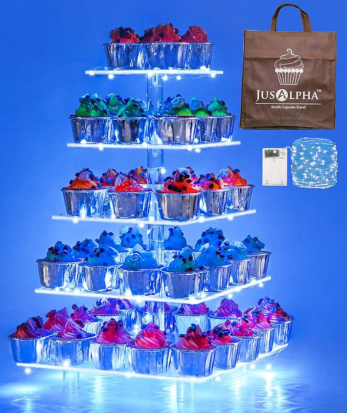 Jusalpha 5 Tier Square Cupcake Stand with Light- Premium Cupcake Holder - Serving Tray-Acrylic Cupcake Tower - Ideal for Weddings Birthday Parties, Candy Bar Decor (Blue，Power Charge:Battery)…