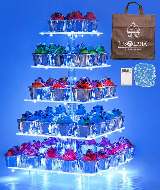 Jusalpha 5 Tier Square Cupcake Stand with Light- Premium Cupcake Holder - Serving Tray-Acrylic Cupcake Tower - Ideal for Weddings Birthday Parties, Candy Bar Decor (Blue，Power Charge:Battery)…
