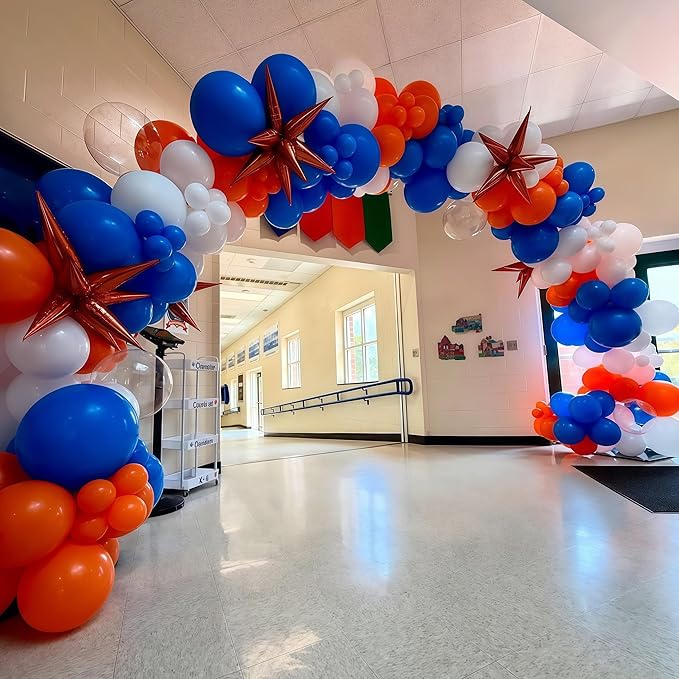 Blue and Orange Balloon Arch Garland Kit, 121PCS Dark Royal Blue and Orange White Balloons with Spikes Balloon for College High School Class of 2026 Graduation Birthday Basketball Party Decorations