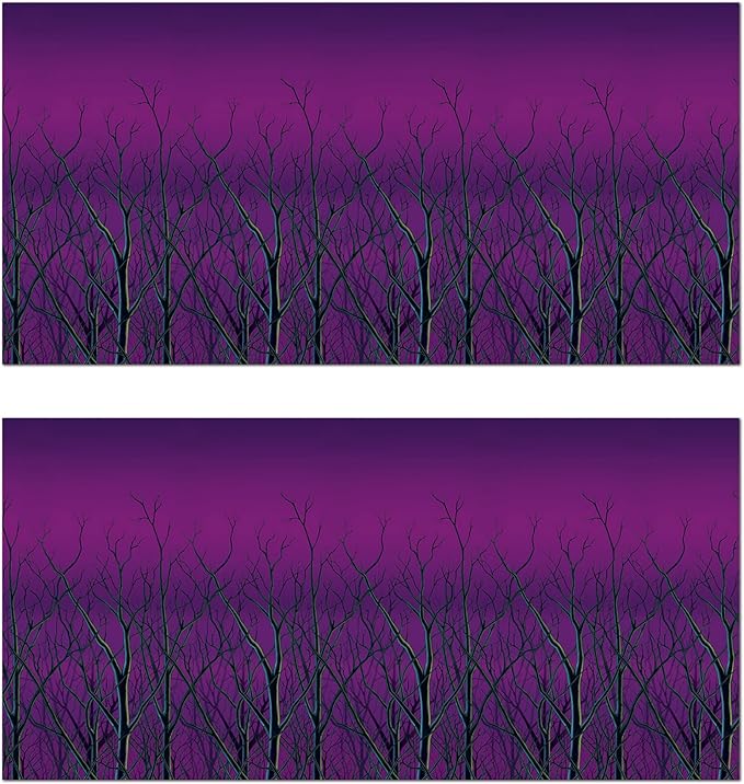 Beistle Spooky Forest Treetops Backdrops – 2 Printed Bare Tree Silhouette Plastic Wall Coverings for Halloween Haunted House Party Décor Indoor Scene Background Display, 4 Ft x 30 Ft Each
