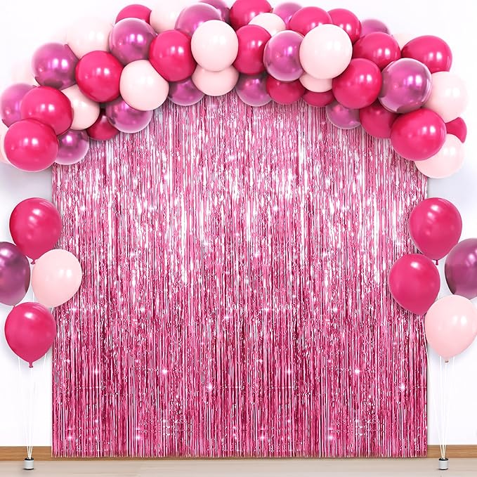 KatchOn, Valentines Day Decorations Set - Huge, Pack of 52 | Pink Fringe Backdrop Curtain and Latex Balloons for Galentines Day Decorations | Bachelorette, Birthday Decoration | Pink Party Decoration