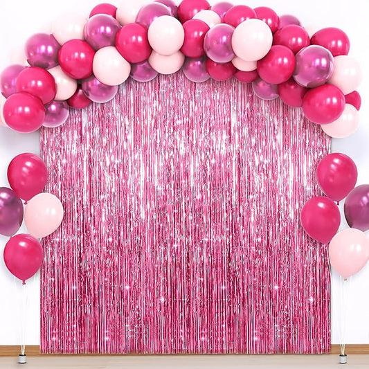 KatchOn, Valentines Day Decorations Set - Huge, Pack of 52 | Pink Fringe Backdrop Curtain and Latex Balloons for Galentines Day Decorations | Bachelorette, Birthday Decoration | Pink Party Decoration