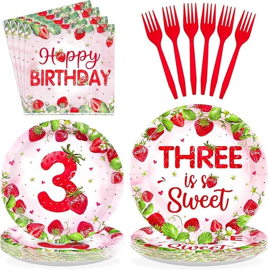 Grencian 96Pcs Strawberry 3rd Birthday Party Supplies Three is So Sweet Plates and Napkins Disposable Fruit Theme Tableware Set for Girls 3 Year Old Berry Sweet Birthday Decorations Serves 24