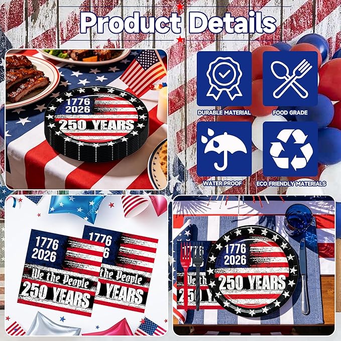 72PCS 250th Anniversary USA Party Supplies - Retro American Flag Paper Plates and Napkins Disposable Patriotic Tableware Set for 4th of July Memorial Day Party Decoration