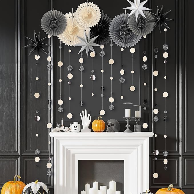 Cheerland Black White Star Party Decorations Gothic Summerween Decor Garland Glitter Hanging Paper Fan Dots Circle Backdrop Stars Steamer Banner Party Photobooth Background Birthday Party Supplies