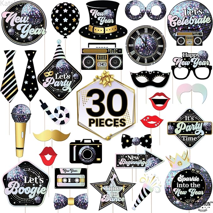 KatchOn, Holographic New Years Photo Booth Props 2026 - Pack of 30 | Photo Props for New Years Eve Party Supplies 2026 | New Years Eve Photo Booth Props | Happy New Years Decorations 2026