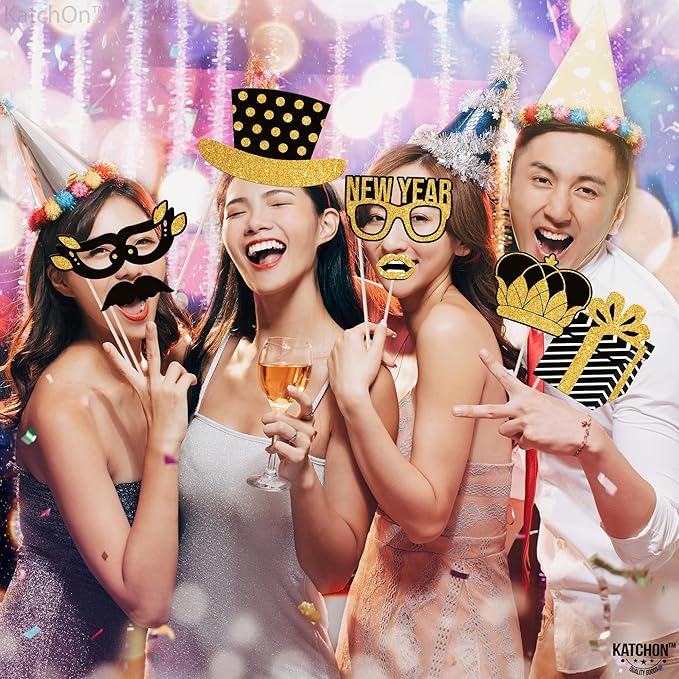 Katchon, 30 Pcs, Glitter New Years Photo Booth Props | NYE Photo Booth Props for New Years Eve Party Supplies 2026 | New Years Decorations 2026 | New Year Photo Props for NYE Decorations 2026