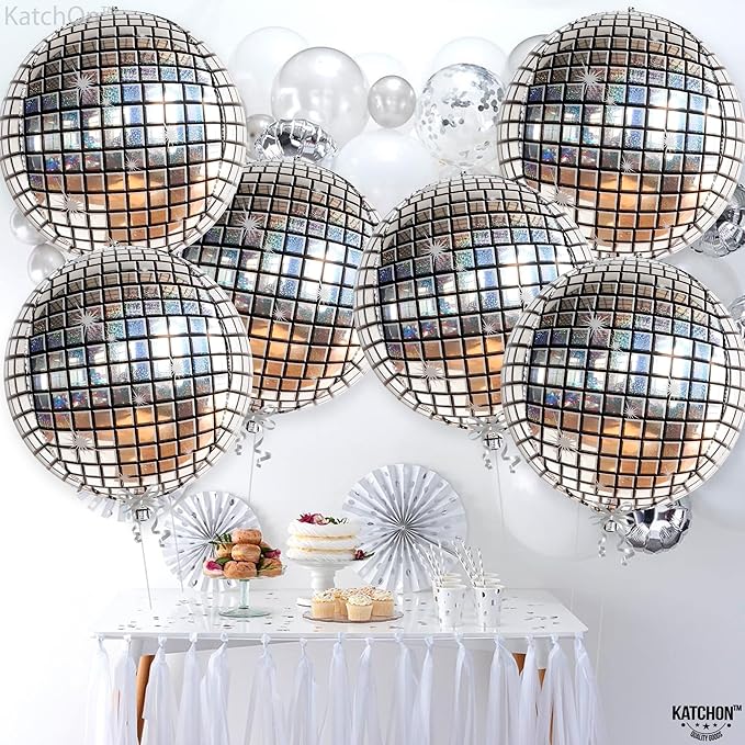 KatchOn, Big Silver Disco Ball Balloons - Pack of 6, Disco Party Decorations | 4D Metallic Disco Balloons for Wedding, Birthday, Anniversary, Retro, Bachelorette Party Decoration