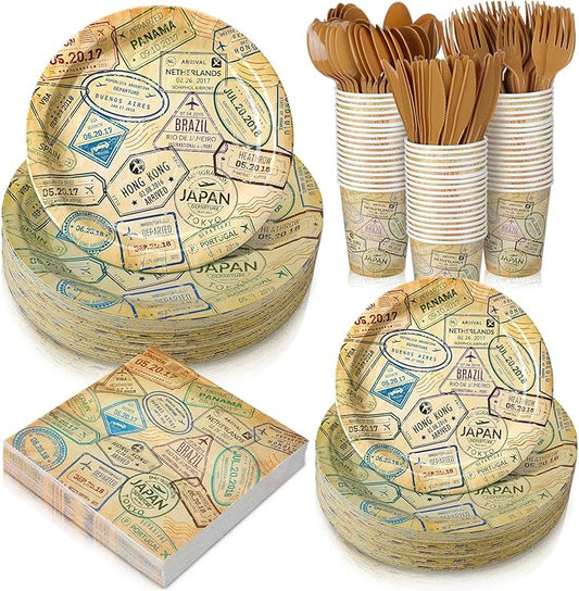 Yungyan 252 Pcs Travel Plates and Napkins Set Around the World Themed Party Supplies Disposable Voyage Travel Paper Napkins Plates Cups Airplane Adventure Retirement Party Decorations Serves 36 Guests