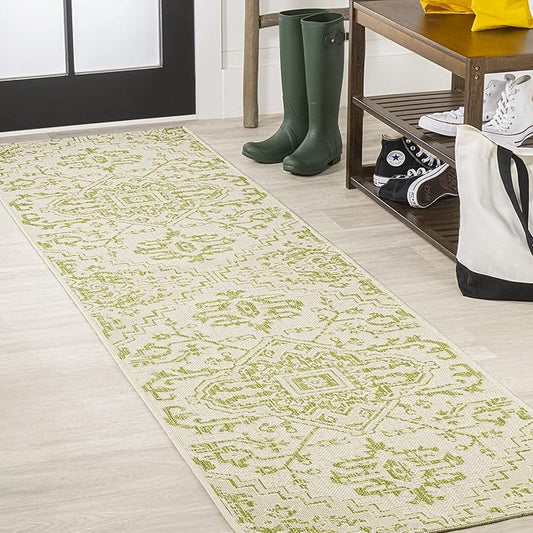 JONATHAN Y Boho Medallion Indoor Outdoor Runner Rug 2X8 Cream/Green, Estrella Textured Weave for Backyard, Patio, Porch, Easy-Cleaning, High Traffic, Pet-Friendly, Non-Shedding (SMB105E-28)