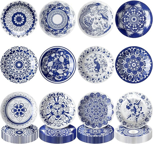 Nitial 120 Pcs Blue and White Flower Paper Plates 9 Inch Chinoiserie Disposable Square Plates Bulk Blue and White Decorative Dinner Dessert Tableware for Wedding Birthday Tea Party Supplies(Round)