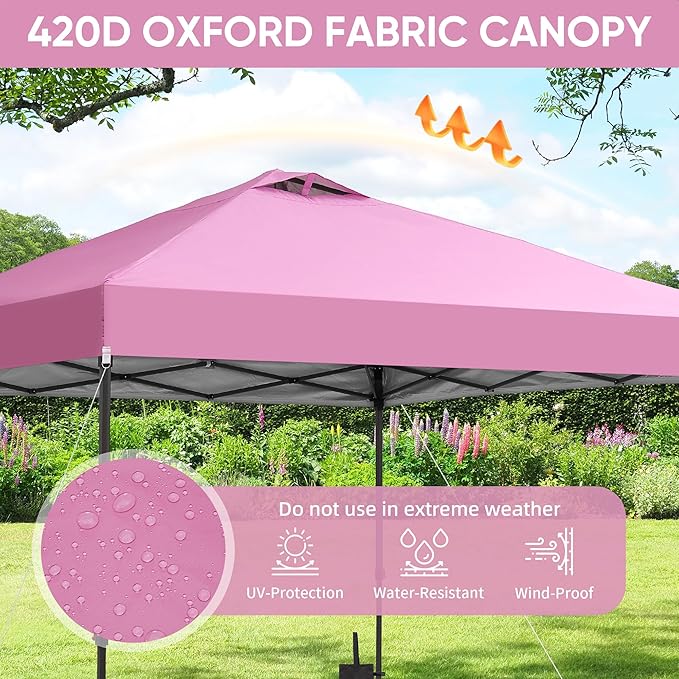 GDY 10x10 Pop Up Canopy Patio Carpas, One Push Set up with Central Lock Canopy with Hand Carry Bag, Included 4 Sandbaogs,8 Stakes and 4 Ropes, Pink