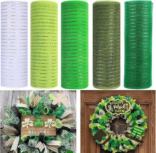 5 Rolls St Patricks Day Mesh Ribbon for Wreath, 10 Inch x 30FT Per Roll Metallic Foil Deco Mesh Rolls White Light Green Decorative Mesh for Spring Saint Patricks Day Christmas Party Decor