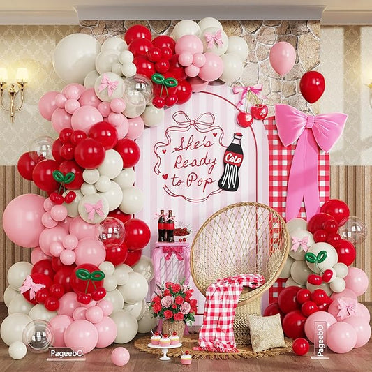 She’s Ready to Pop Party Decorations, 160pcs Ruby Red Sand White Pastel Pink Latex Balloons for She is Ready to Pop Baby Shower Party Favors Retro Soda Theme Birthday Gender Revel Party Supplies