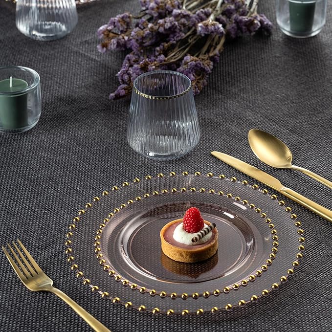 PLASTICPRO 64 Piece Combo Plastic Dinner Plates Disposable Plastic Fancy Heavy Duty Party Dishes 7 inch and 10 inch, Translucent Rose and Gold Beaded