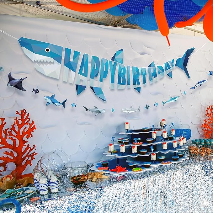 Cheerland Shark Birthday Party Decorations Happy Birthday Banner Hanging Shark Garland Decor Geometric Style Under The Sea Nautical Ocean Theme Pool Party Supplies