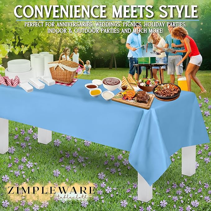 ZIMPLEWARE Premium Sky Blue Plastic Table Cloth Disposable (6 Pk) Plastic Tablecloths for Rectangle Tables (54in x 108in) Party Table Cloths Disposable for 6ft to 8ft Rectangle Tables