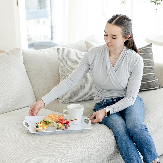 Large Melamine Tray, 17" x 11.5" - White Serving Tray with Handles - Dishwasher Safe - Rectangular Melamine Platter for Meat, Appetizers, Cookies, Grill or Party Snacks - Set of 3