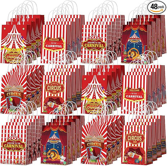 Kolldenn 48 Pcs Mardi Gras Circus Party Favors Bags Circus Gift Goodie Paper Bags with Handles Red White Stripe Carnival Treat Candy Pouch for Mardi Gras Carnival Party Decorations Supplies