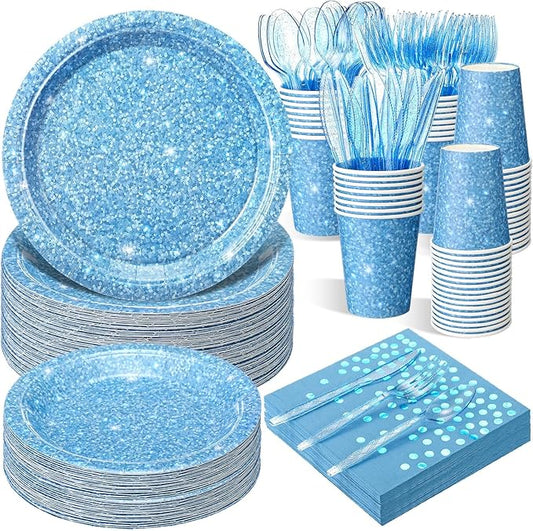 Hushee 350 Pcs Light Blue Holographic Print Party Supplies Guests Disposable Dinnerware Set Include Paper Plates, Napkins, Cups, Plastic Cutlery for Wedding Birthday Disco Bachelorette
