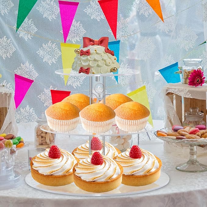 Acrylic Cupcake Stand, Clear Dessert Display Hoder Stand With Base for Wedding, Party, Baby Shower, Get-together, 3 Tier Round, Transparent