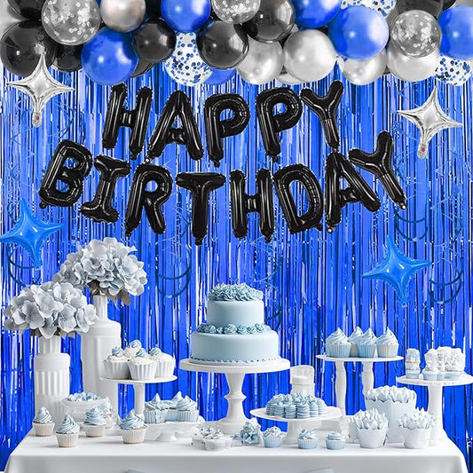 92 PCS Black and Blue Happy Birthday Decorations Balloons Fringe Curtains Vortex for Boys Men Girls Women 16th 18th 20th 21st 25th 30th 40th 50th 60th Birthday Party Decorations